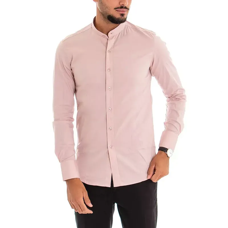 mens casual band collar shirt long sleeve light pink4