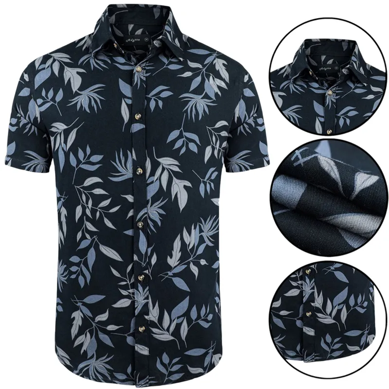 mens hawaiian summer casual viscose floral shirts black leaves0