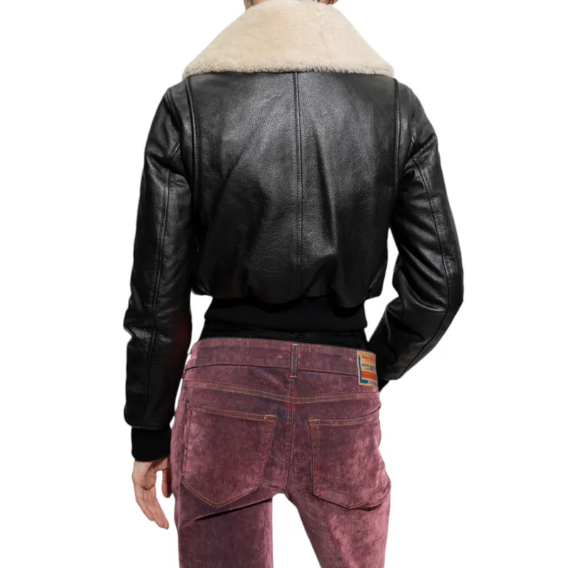 diesel l-isek womens leather jacket fur collared black0