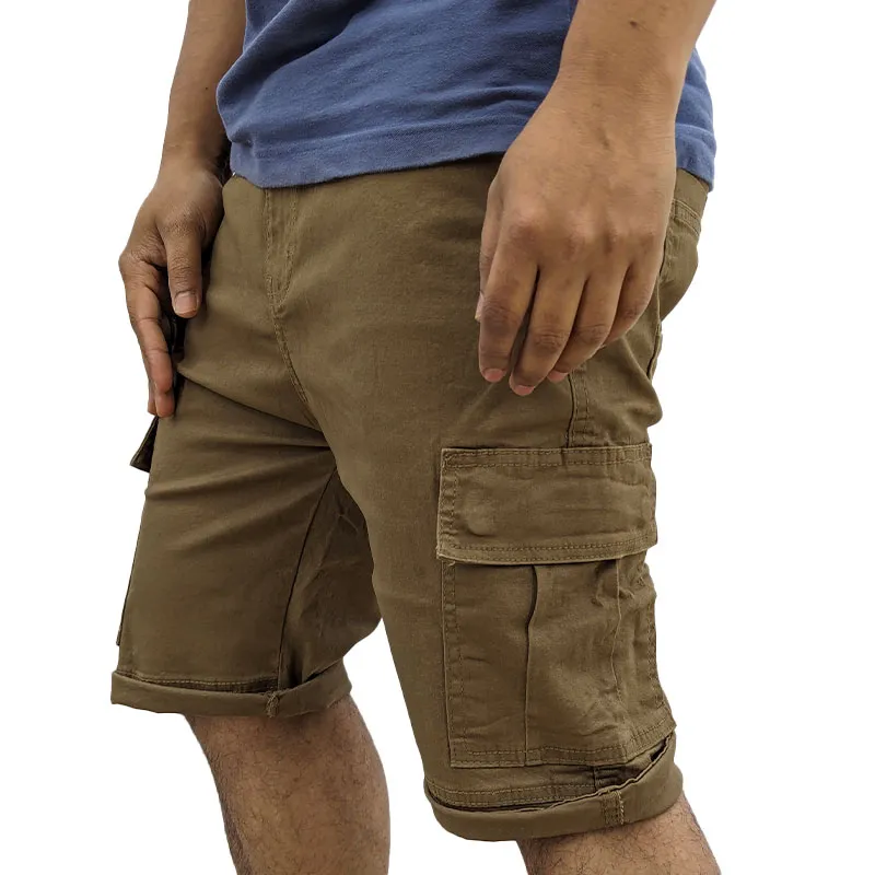 mens cargo shorts summer cotton slim chino knee combat pants brown1
