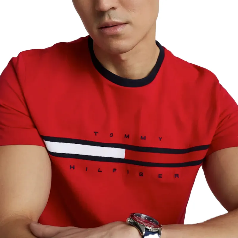 tommy hilfiger mens t shirt crew neck signature stripe tino tee red1