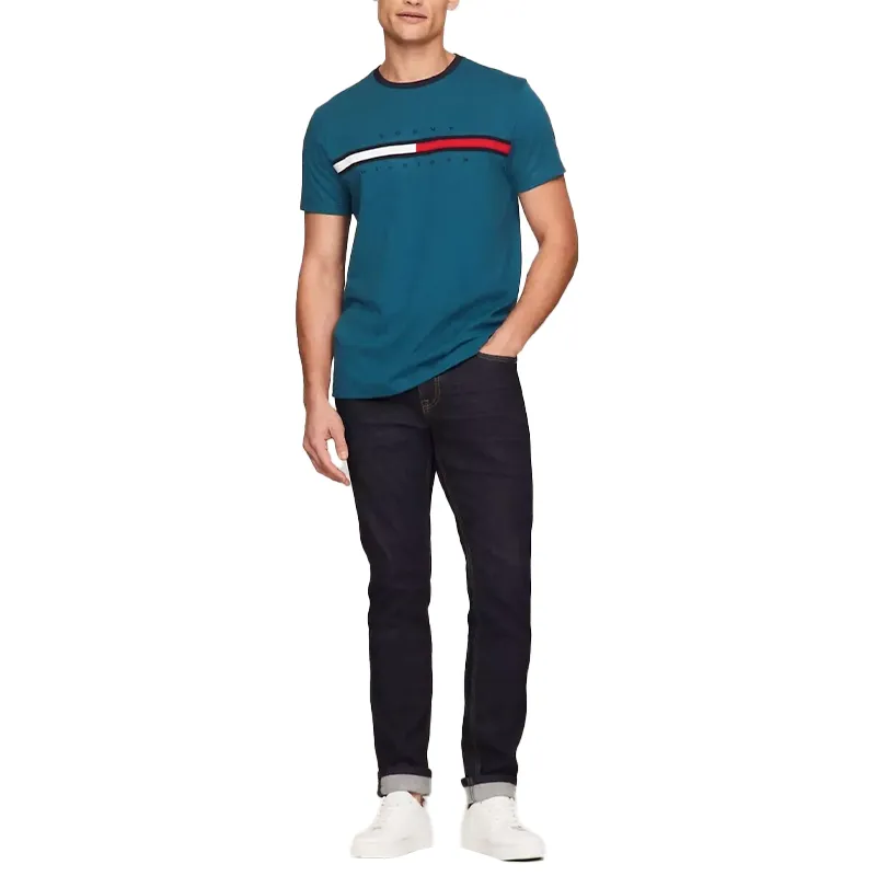 tommy hilfiger mens t shirt crew neck signature stripe tino tee teal blue1