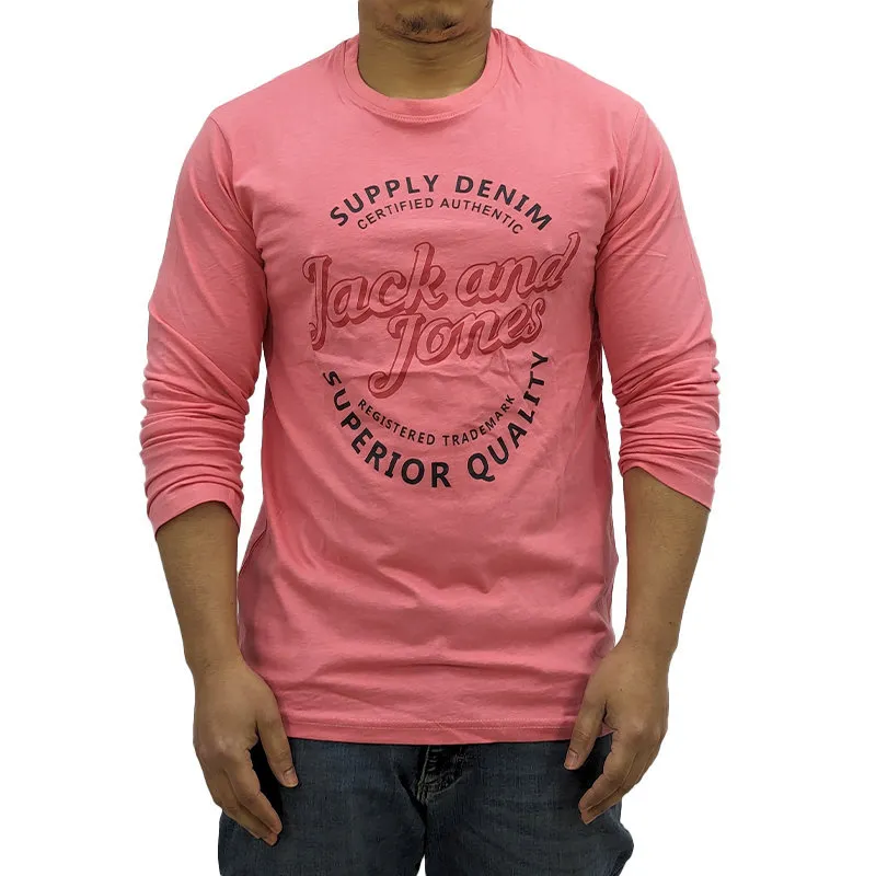 jack & jones mens long sleeve t shirts cotton tee crew neck top coral1