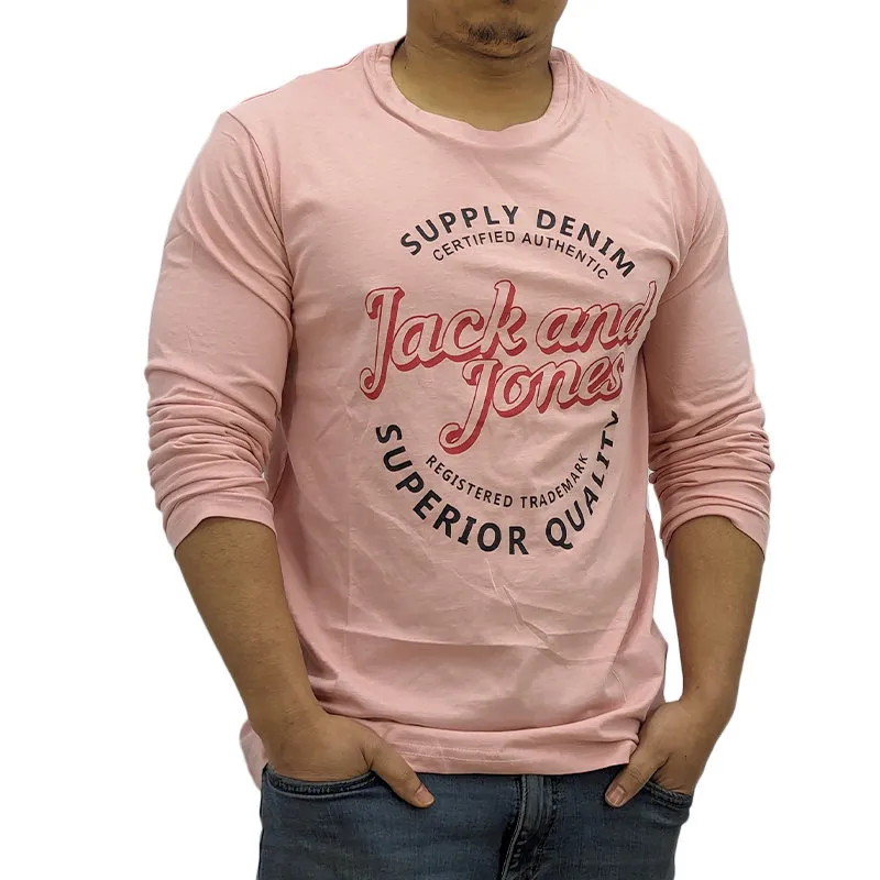 jack & jones mens long sleeve t shirts cotton tee crew neck top pink1