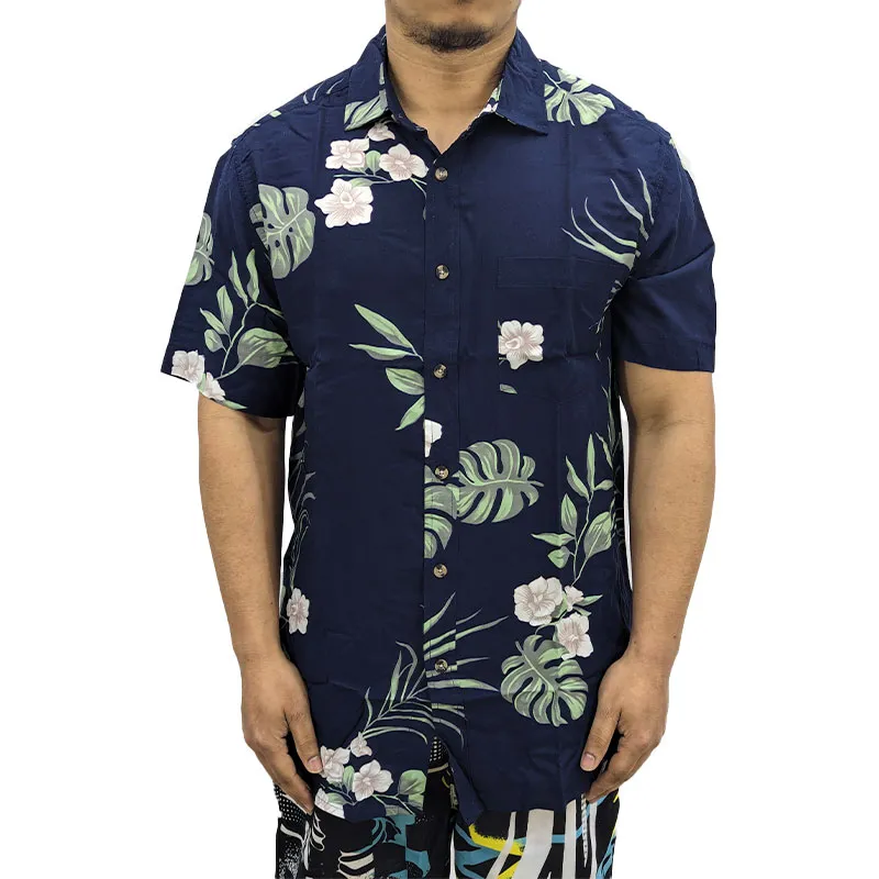 hawaiian mens printed shirts short sleeve beach floral top navy olive leaf1