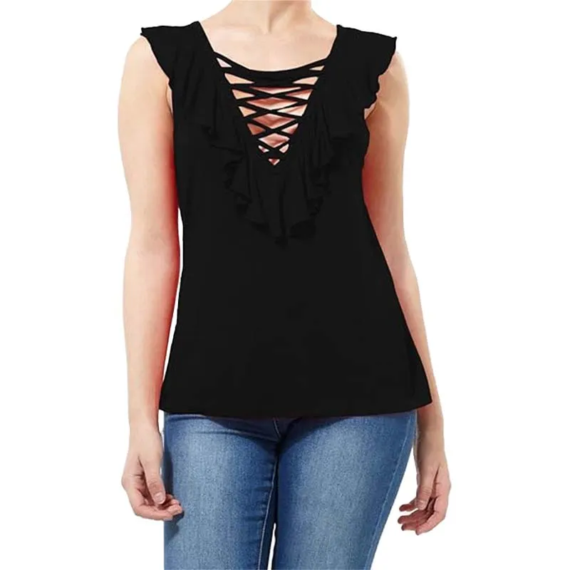 brave soul womens vest tank tops sleeveless lace up blouse black1