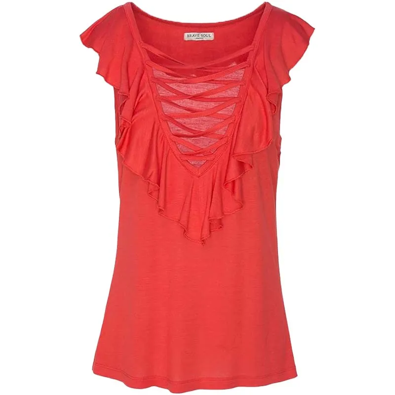 brave soul womens vest tank tops sleeveless lace up blouse red1