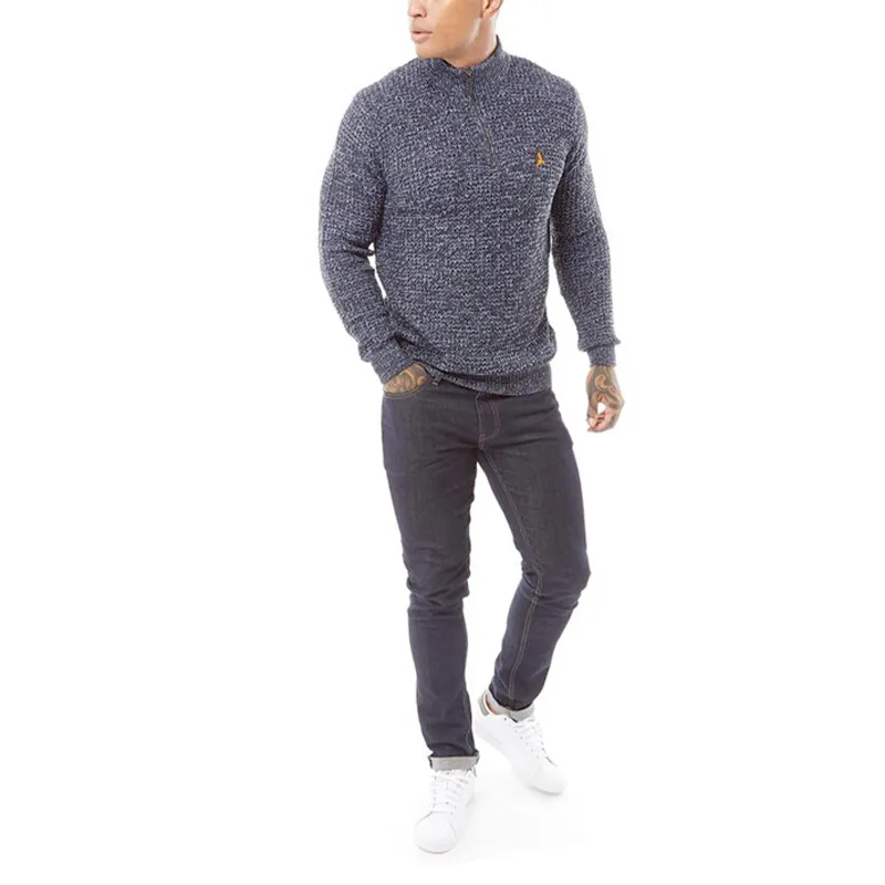 brave soul mens cable knitted jumper funnel neck half zip navy blue1