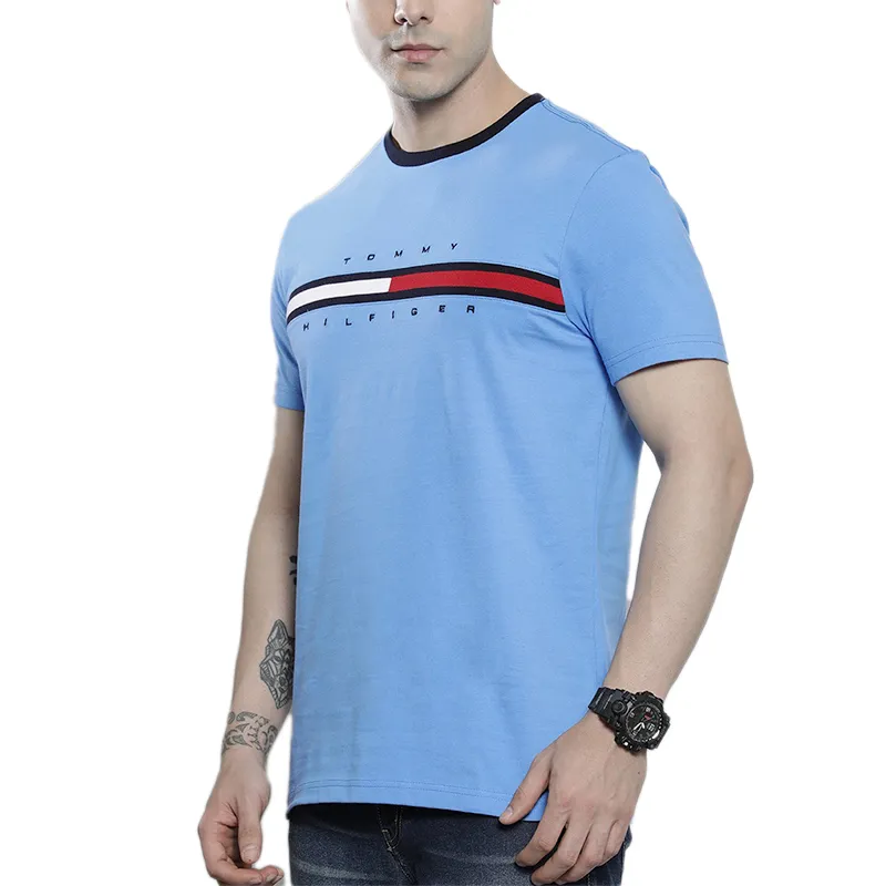 tommy hilfiger mens t shirt crew neck signature stripe tino tee sky blue2