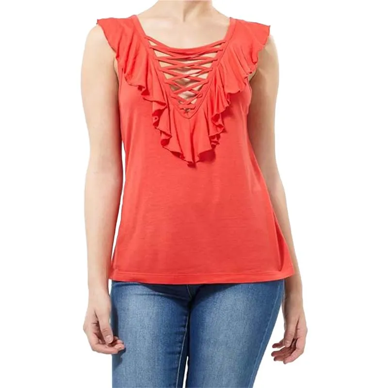 brave soul womens vest tank tops sleeveless lace up blouse red2