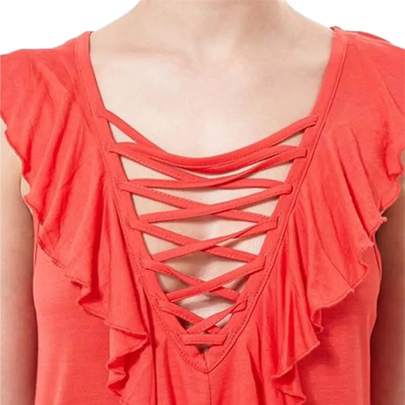 brave soul womens vest tank tops sleeveless lace up blouse red3