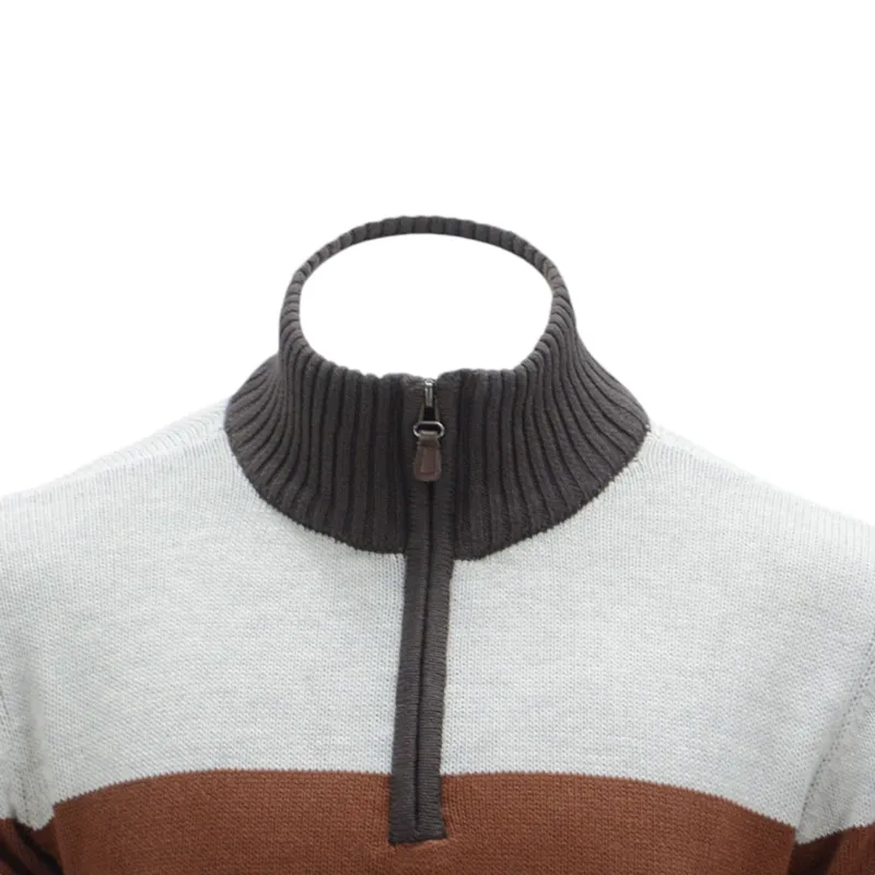 mens half zip sweatshirt cotton high neck top brown stripe3